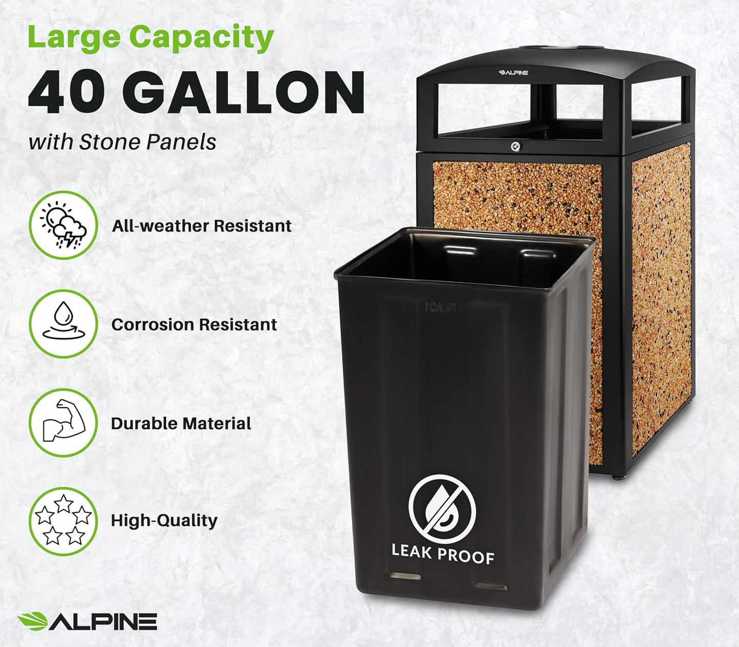 Alpine Outdoor Commercial Trash Can with Lid - 40 Gallon Heavy Duty Metal Garbage Can with Removable Bin, Locking Lid & a Modern Look in Park & High Traffic Areas (Black, Brown Stone Panels with Tray)