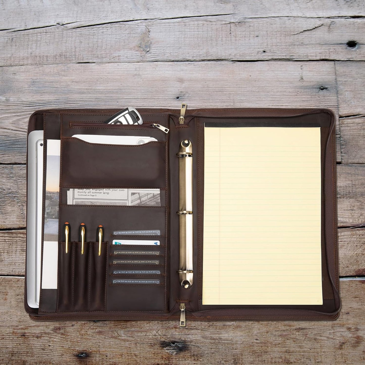 Genuine Leather 3 Ring Binder Portfolio, 8.5 x 14 Legal Size Pad Holder, Hidden Handle, Zippered Padfolio with 15” Laptop Organizer, Professional Business Folio for Men Women, Dark Brown