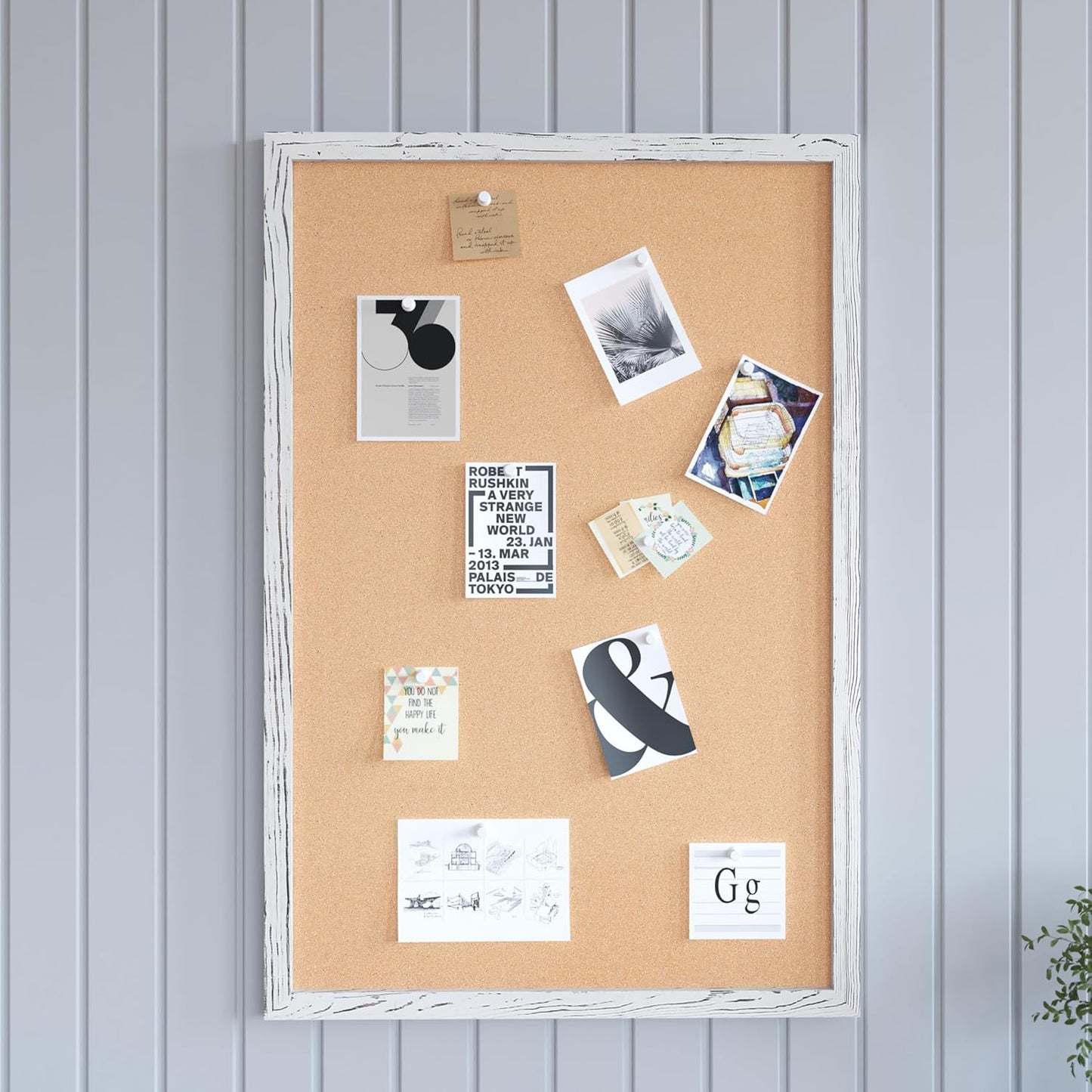 HBCY Creations Wall Mount Whitewashed Cork Board - 24" W x 36" H - 6 Wooden Push Pins - Solid Pine Wood Frame - for Kitchen, Classrooms, Restaurant Menus and More!