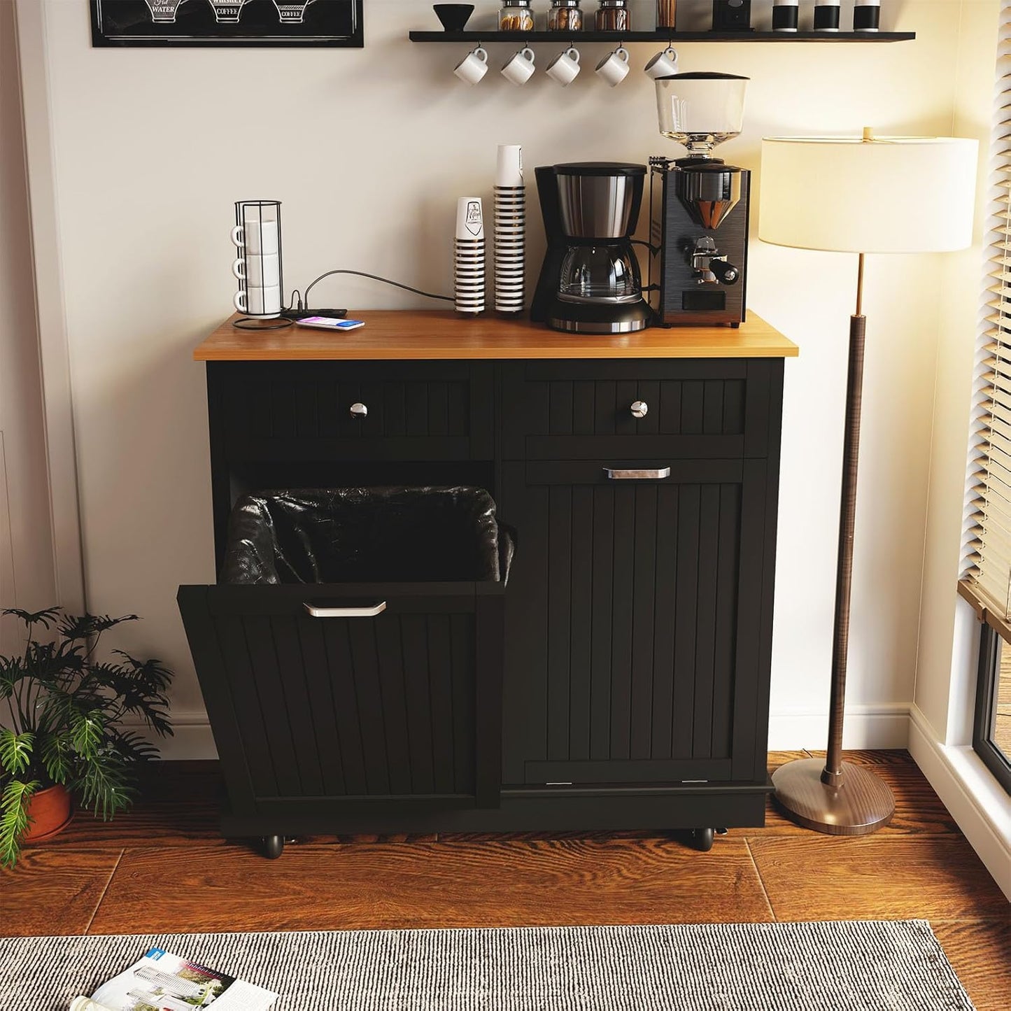 20 Gallon Tilt Out Trash Cabinet, Wooden Kitchen Trash Can Cabinet with Hideaway Drawer, Freestanding Laundry Hamper Garbage Recycling Cabinet on Wheels, Pet Proof, Double, Black