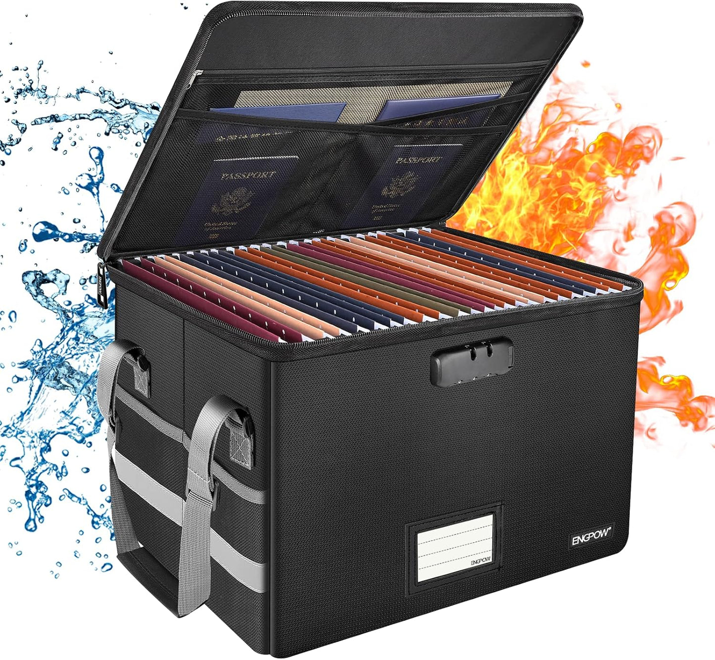 ENGPOW File Box with Lock,Fireproof Document Box with Zipper＆Pockets,Collapsible File Organizer Filing Storage Cabinet with Handle,Portable Home Office Safe for Hanging Letter/Legal Folder,Black