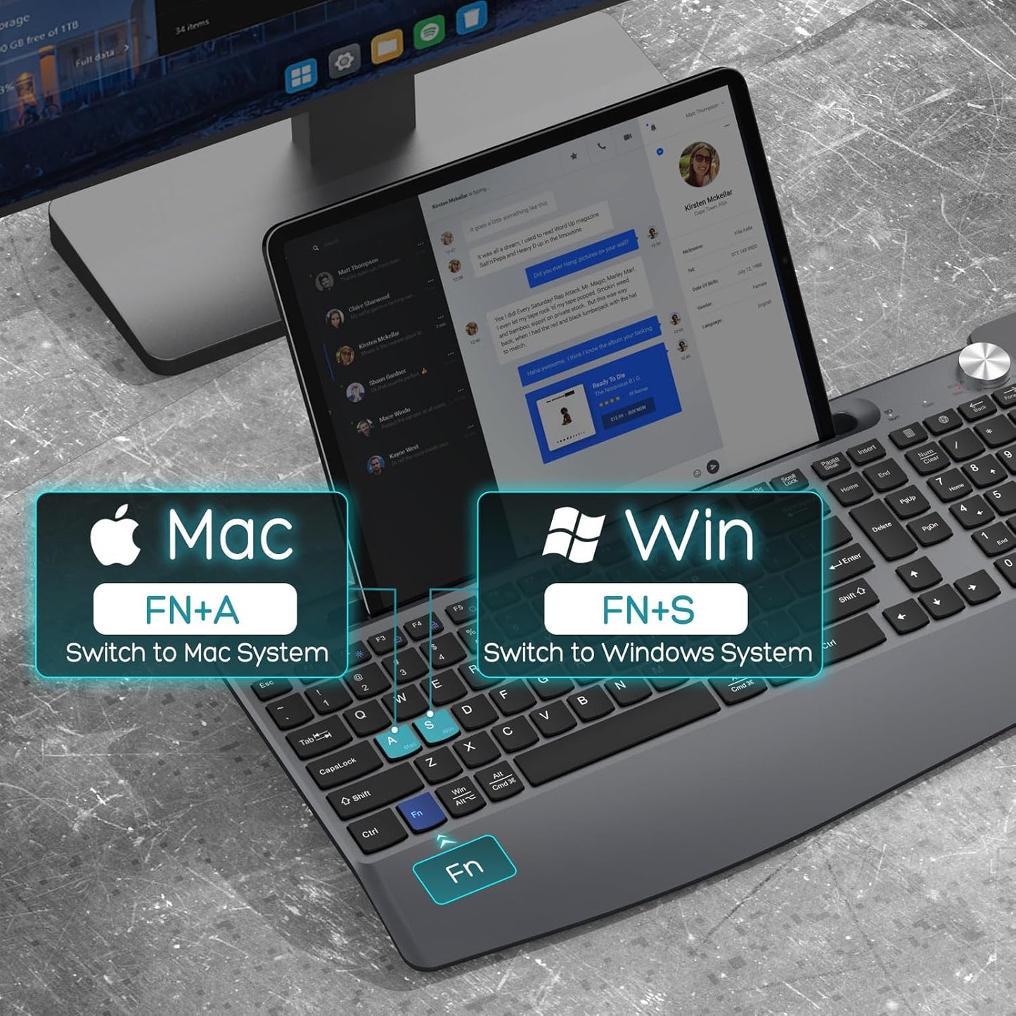 Ergonomic Wireless Keyboard and Mouse with Wrist Rest，Phone Holder - 2.4GHz Full-Sized Low-Profile Quiet Wireless Mouse and Keyboard Combo for Computer, Laptop, PC, Mac-Grey