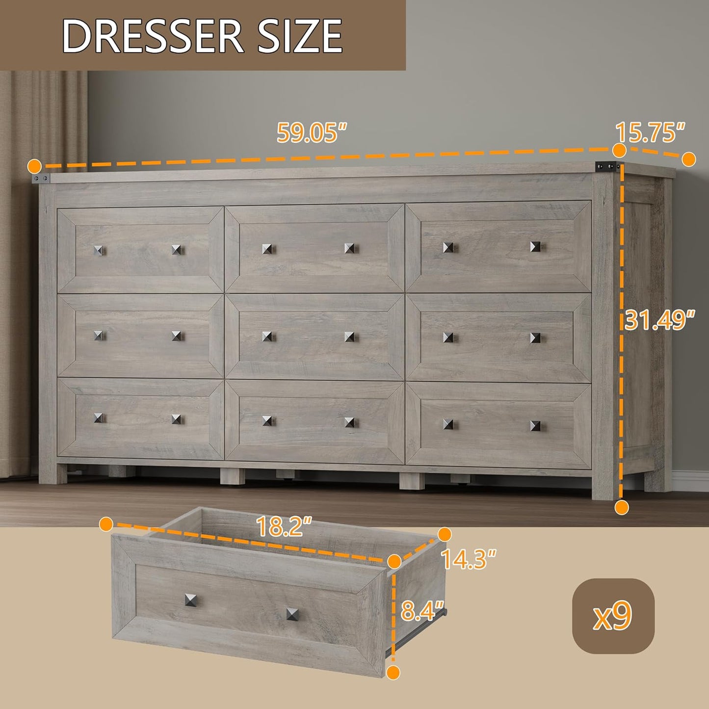 9-Drawer Dresser, Modern Wooden Storage Chest of Drawers, Dresser TV Stand, Wood Drawer Organizer with Metal Handles for Bedroom, Living Room, Hallway