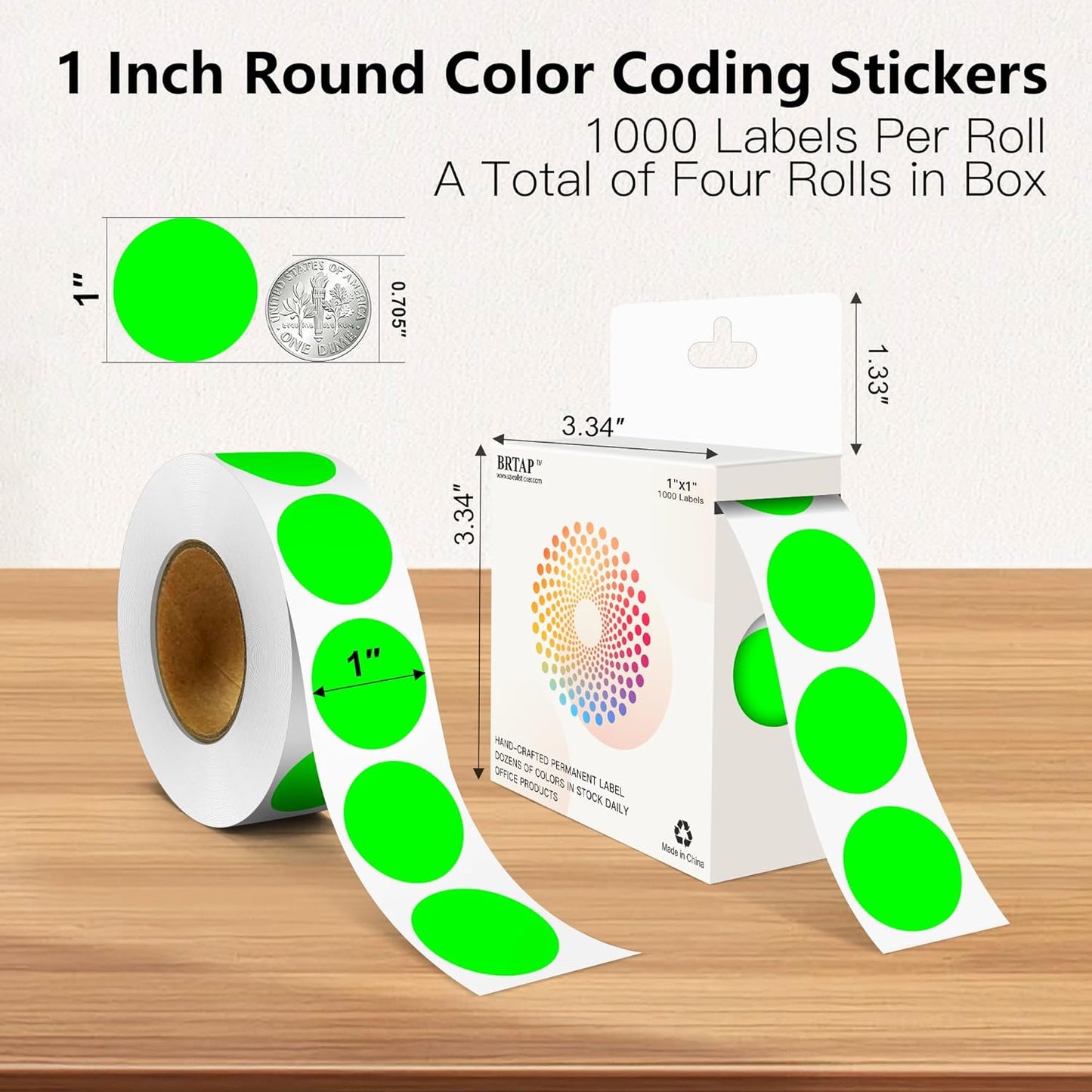 Fluorescent Green 1 Inch Round Color Coding Labels with 4000 Dots, 4 Rolls - Bright Color Dot Stickers for File Folders, Inventory System - Highly Visible
