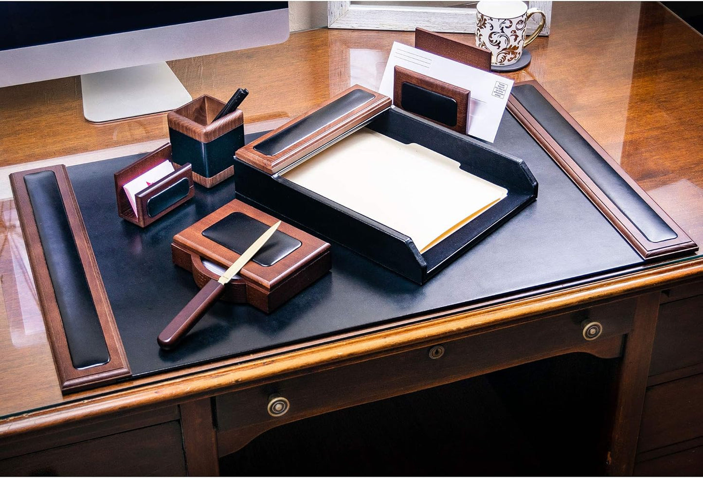 Dacasso Wood & Leather Desk Set - Luxury Leather Desk Pad & Desk Organization Essentials (Walnut and Black, 7 Piece)