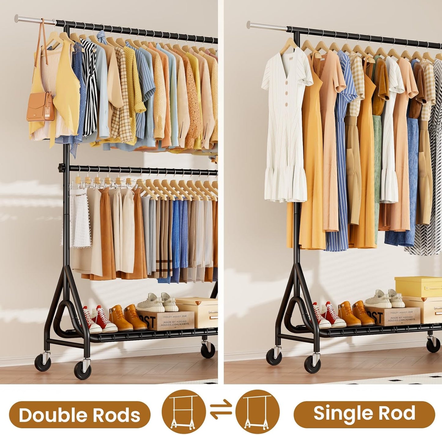 Double Rods Clothing Rack, Heavy Duty Clothes Rack for Hanging Clothes Load 560LBS, Metal Rolling Garment Racks with Wheels, Freestanding Clothes Hanging Racks, Black