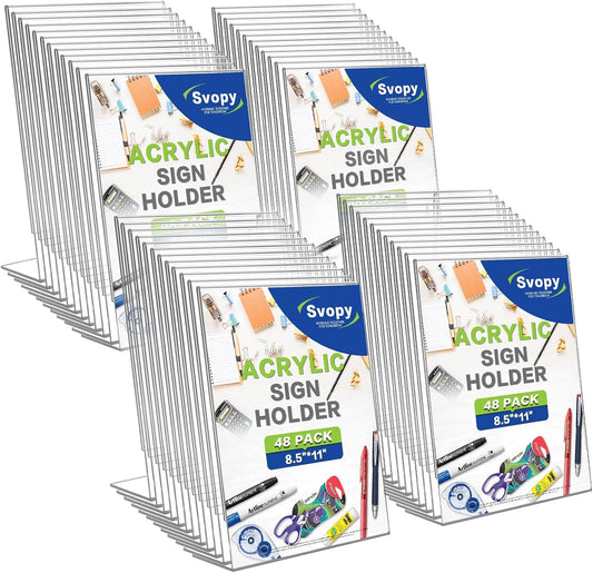 Acrylic Sign Stand Holders - 8.5 x 11 Inches Clear Plastic Table Paper Display Stand Suit for Displaying Posters, Picture, Flyers, Menu - 48 Pack