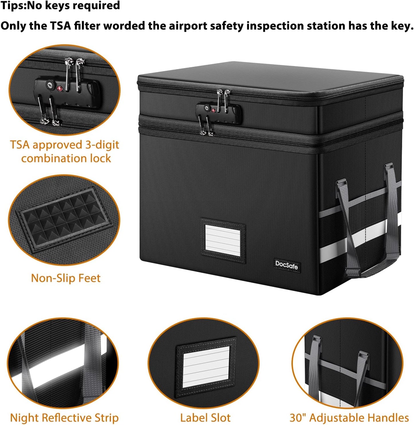 DocSafe File Box with Lock,Multi-Layer Fireproof Document Box Collapsible File Storage Organizer with Pockets/Handle,Large Portable Home Office Filing Safe for Hanging Letter/Legal Size Folders,Black