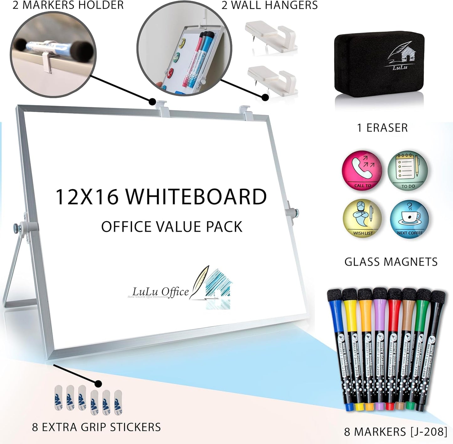 12x16 Magnetic Dry Erase Whiteboard – Double-Sided Desktop Board with Stand, 8 Markers, 4 Glass Magnets, Eraser, Marker Holder – Portable Wipe Off Board for Desk, Wall, School, Home