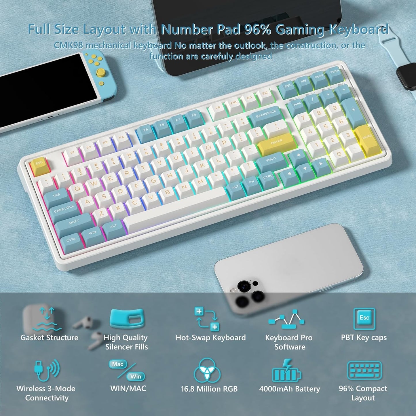 CMK98 Wireless Mechanical Gaming Keyboard with Number Pad, Tri-Mode Hot Swappable, 99 Key Custom Keyboard, Linear Switches, Gasket Creamy, RGB for Win/MAC