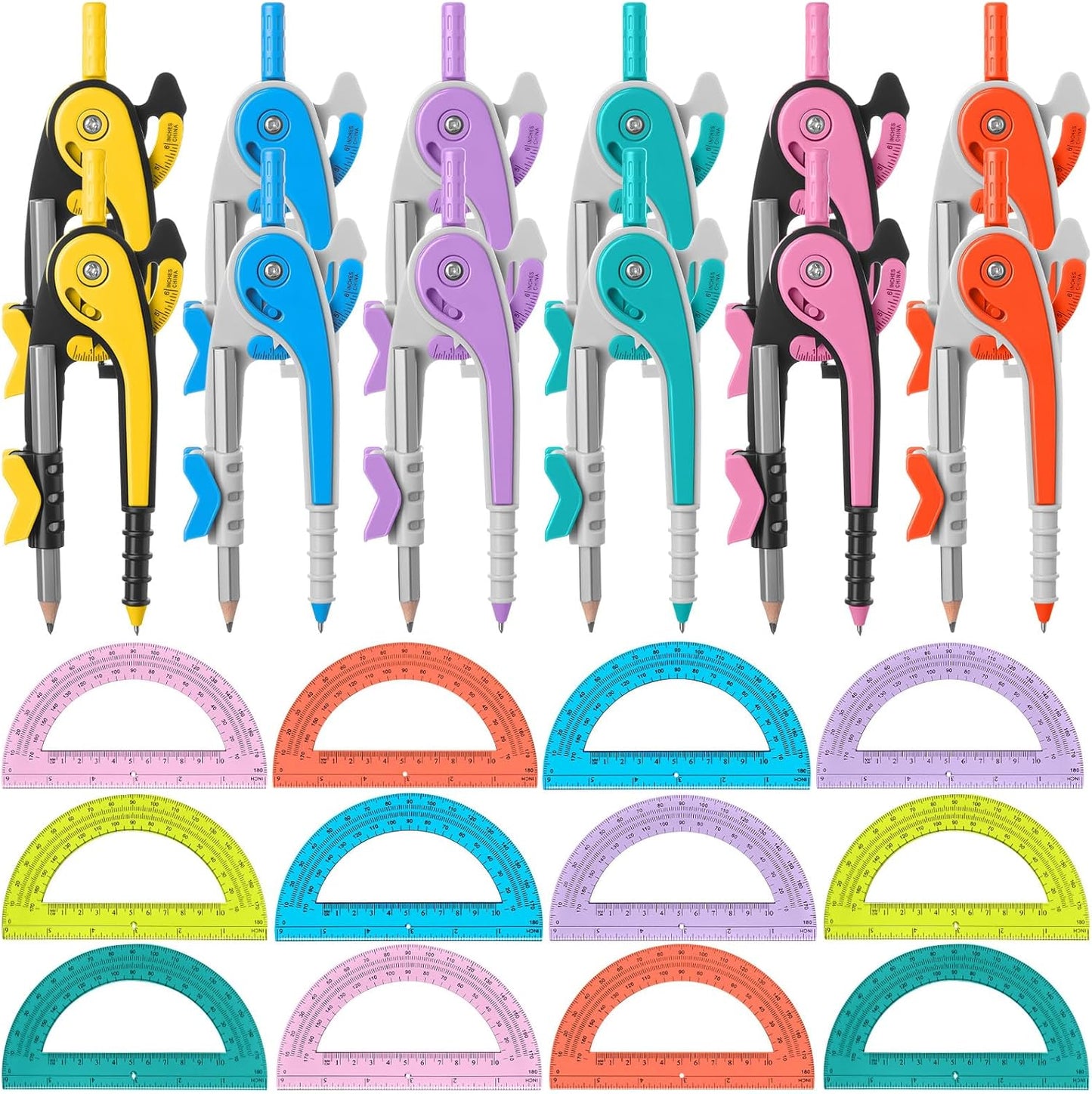 Chengu 12 Set Compass and Protractor Set, Multicolor Compass Geometry Tool 6 Inch 180 Degree Translucent Protractors for Geometry, Math Graphing Drawing Tools for Office and School Supplies