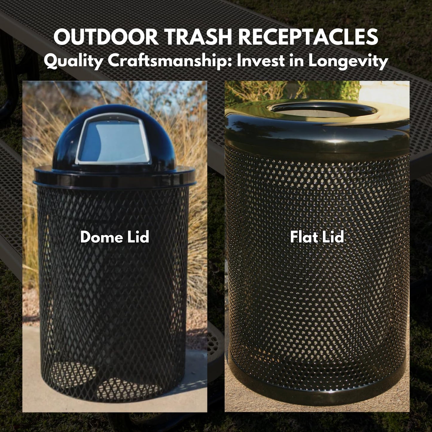 Coated Outdoor Furniture 32-Gallon Heavy-Duty Expanded Metal Round Trash Receptacle, Commercial Outdoor Waste Bin with Liner & Black Flat Top Lid – Made in America (Textured Dark Green)