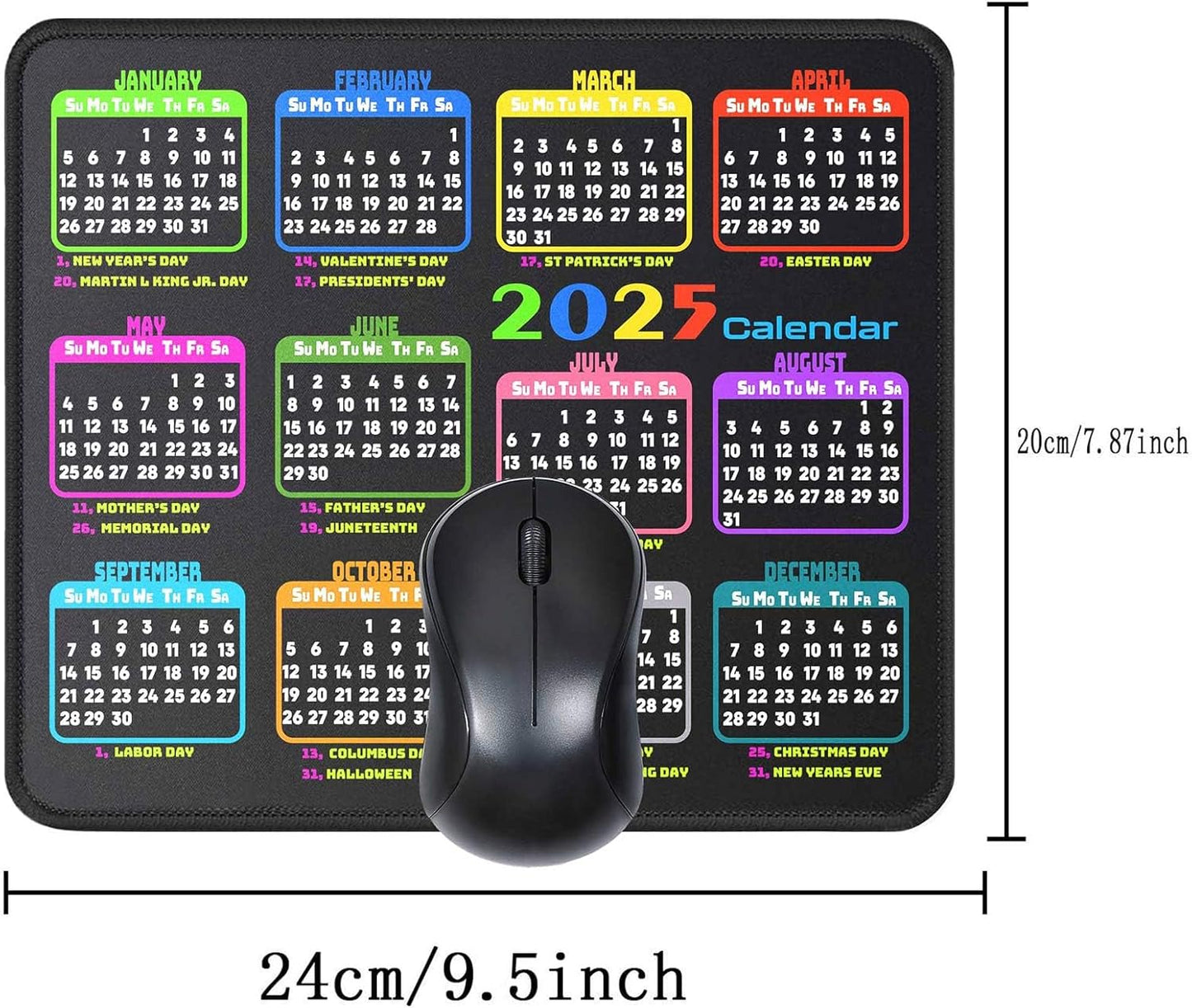 Calendar Mouse Pad 9.5 X 7.8 in, Mouse Pads with Stitched Edges and Non-Slip Rubber Base, Home Office Desk Decor Accessories for Computer Laptop Work Gaming (Black 2025 with Holidays)