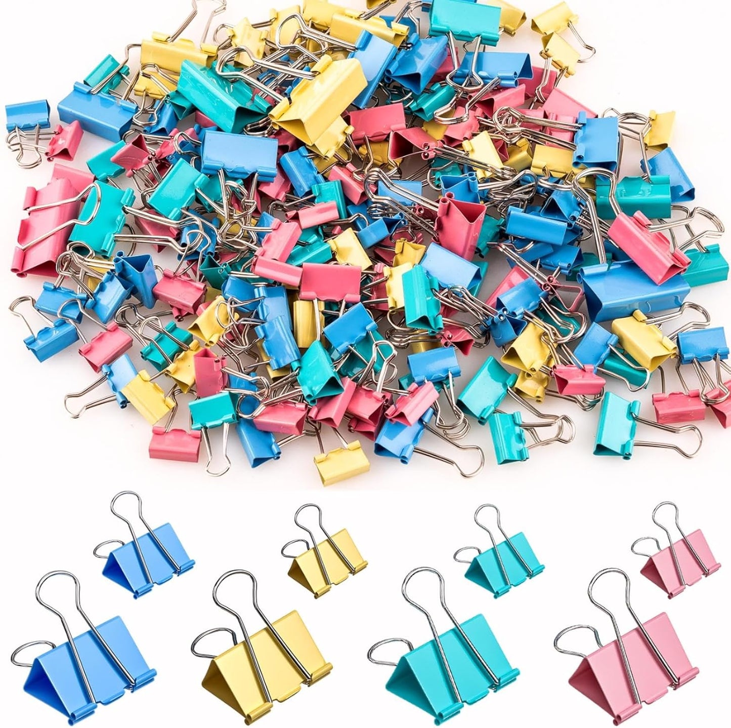 200 Count Colored Binder Clips Assorted Sizes, 4 Sizes Large, Medium, Small, Mini, Metal Paper Clamps, Bulk Clips Office Supplies (1 1/4", 1", 3/4", 1/2 Inch) KKEETUR