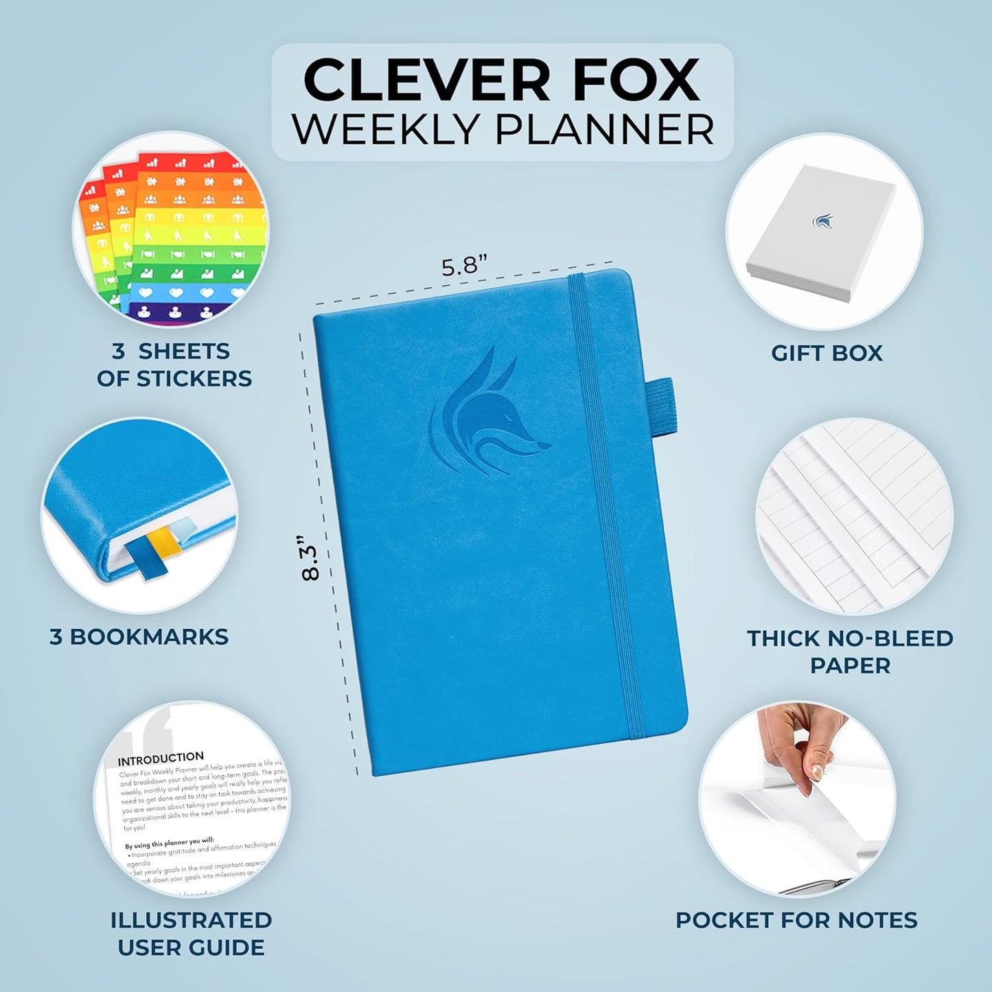 Clever Fox Planner – Undated Weekly & Monthly Planner for Productivity, Time Management & Goals – Organizer Journal – A5 (Sky Blue)