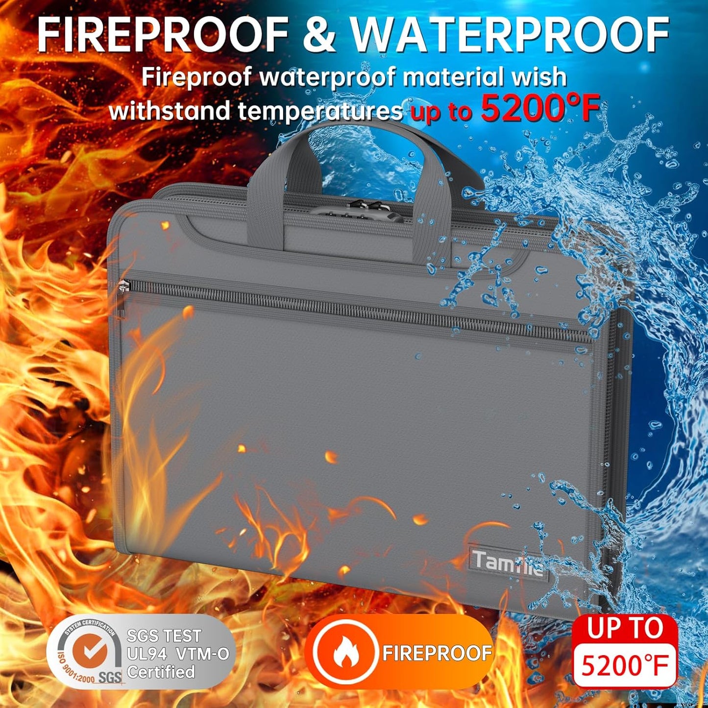 5200℉ Fireproof Accordion File Organizer with Lock, Thickened Document Organizer 13 Pocket with Zipper & Labels, Important Document Organizer, Expanding File Folder with Handle for Letter A4 (Grey)