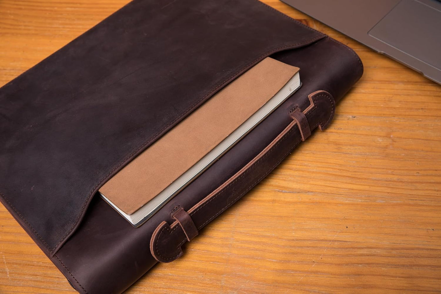 Genuine Leather Portfolio with Hidden Handle, Front Pocket, Business Padfolio Tablet/13” Laptop Organizer, Folio Document Cell Phone Holder, Professional Executive Folder, Dark Brown