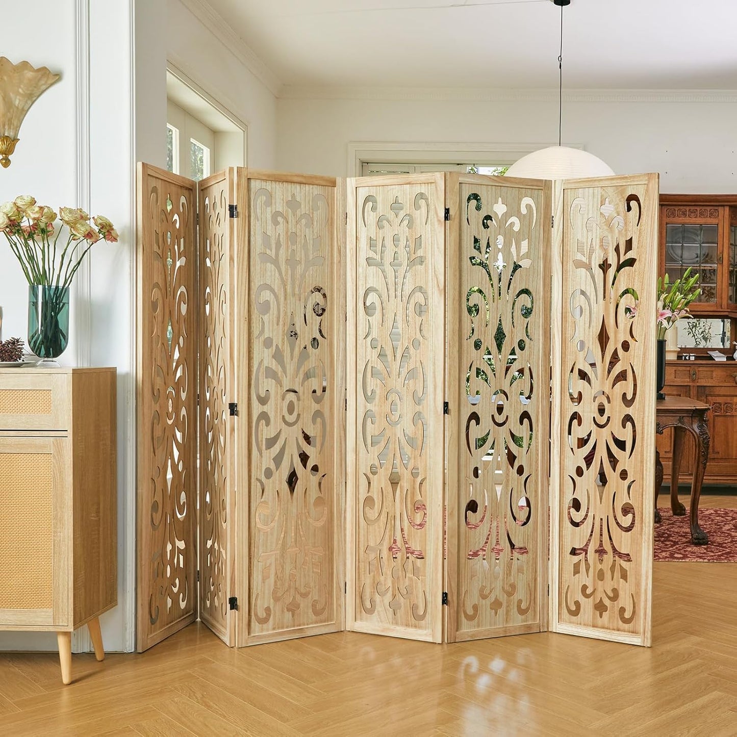 5.6Ft Room Divider Folding Wood Classical Carved Partition Screen for Home Office Garden - 6 Panels (Natural)