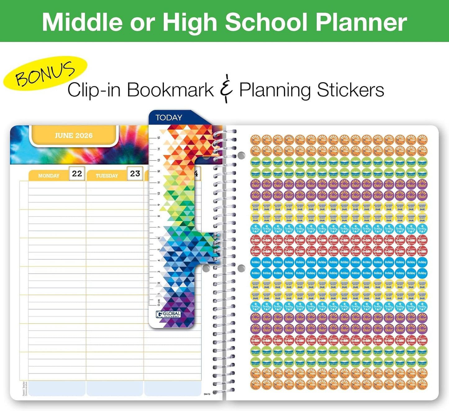 Global Datebooks Dated Middle School or High School Student Planner for Academic Year 2025-2026 Includes Ruler/Bookmark and Planning Stickers (Matrix Style - 7"x9" - Retro)