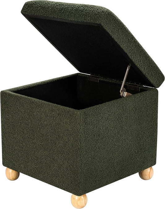 Adeco 17 Inch Soft Dark Green Cube Ottoman Storage, Teddy Velvet Chair Foot Stools, Upholstered Vanity Stool with Hinged Lid, Solid Round Wood Legs