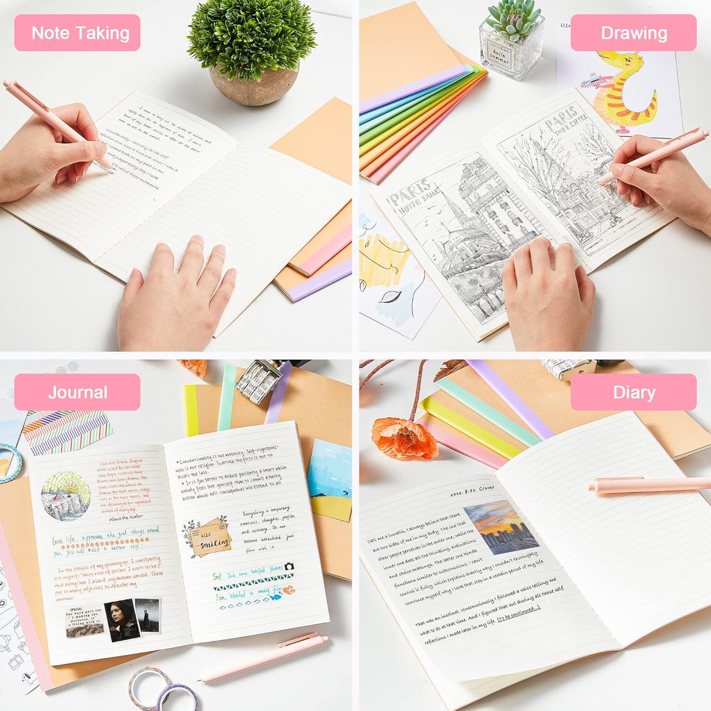 feela 16 Pack Composition Notebook Bulk, Kraft Cover Lined Blank College Ruled Travel Journals with Pastel Color Spine For Women Students Office, 60 Pages, 8.3”x 5.5”, A5, 8 Pastel Colors