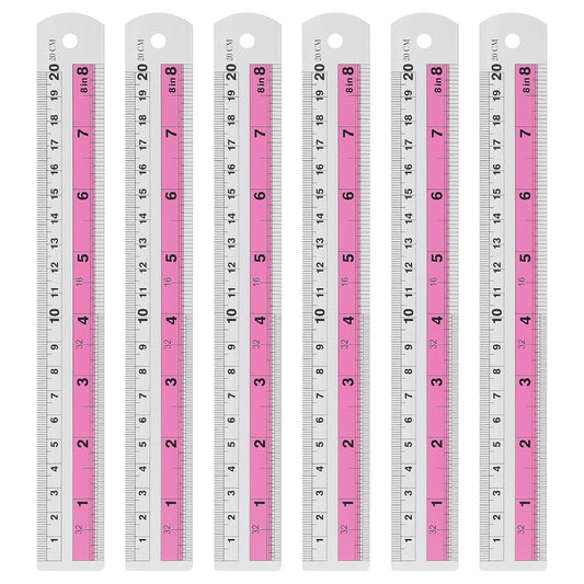 HARFINGTON 6pcs Metal Straight Ruler 20cm Metric SAE Aluminum Alloy Measuring Rulers Scale Tools with Hole for Measure Study Reading Classroom Office, Pink