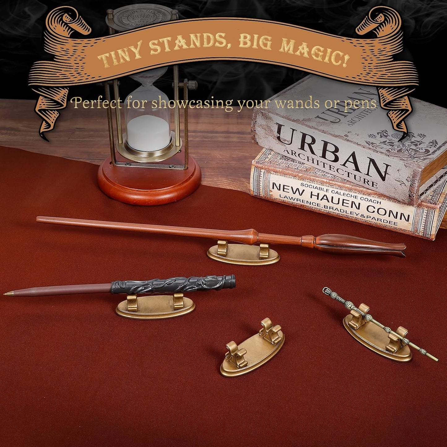 4PCS Resin Pen Holders Wizard Magic Wand Display Stands Mini Holders for Pencil Desk Decor Collection, 2.8'' L×1.1'' W× 0.9'' H, Gold