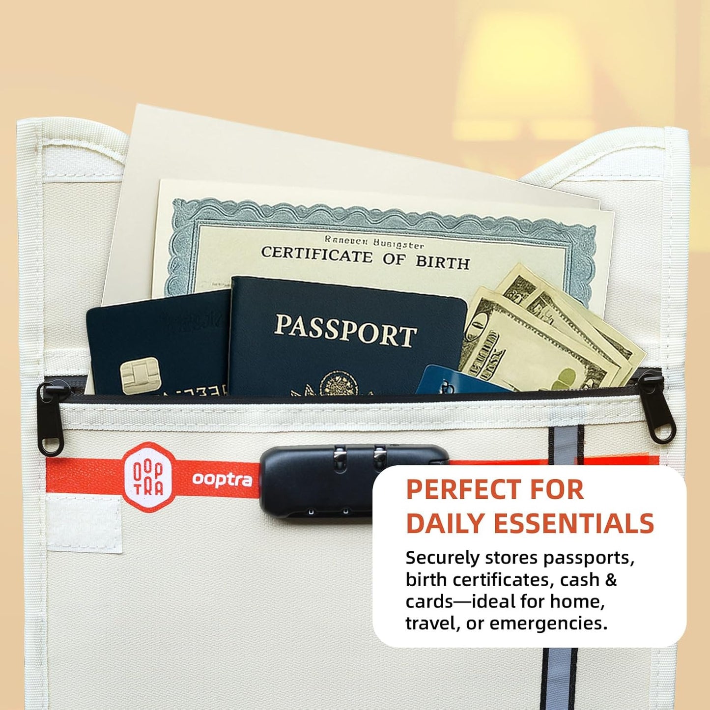 Fireproof Document Bag (Beige) – Waterproof Zipper & Lock – for Home, Office & Travel – Holds Files, Cash, Passport, Valuables – Fire & Water Resistant