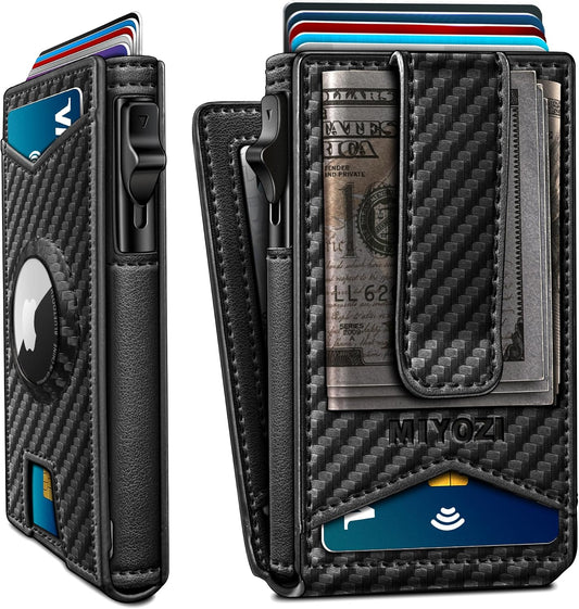 Airtag Wallet for Men,with Money Clip Gift Boxed,Slim Front Pocket Wallet RFID Blocking Metal Case Smart Pop-up Credit Card Holder in Magnetic Leather Flip