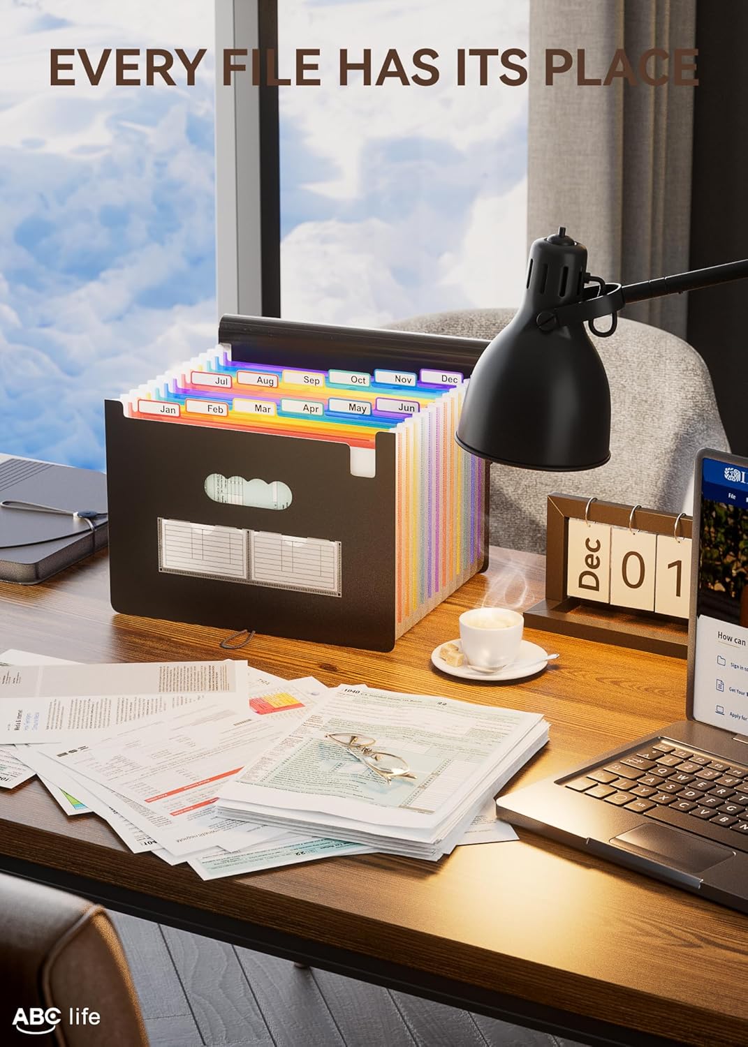 ABC life 12 Pockets Accordion File Organizer, Expanding File Folders, Portable Monthly Bill Receipt Organizer with Colorful A-Z Tabs, Desktop Folders Letter A4 Paper Document Storage for Home Office