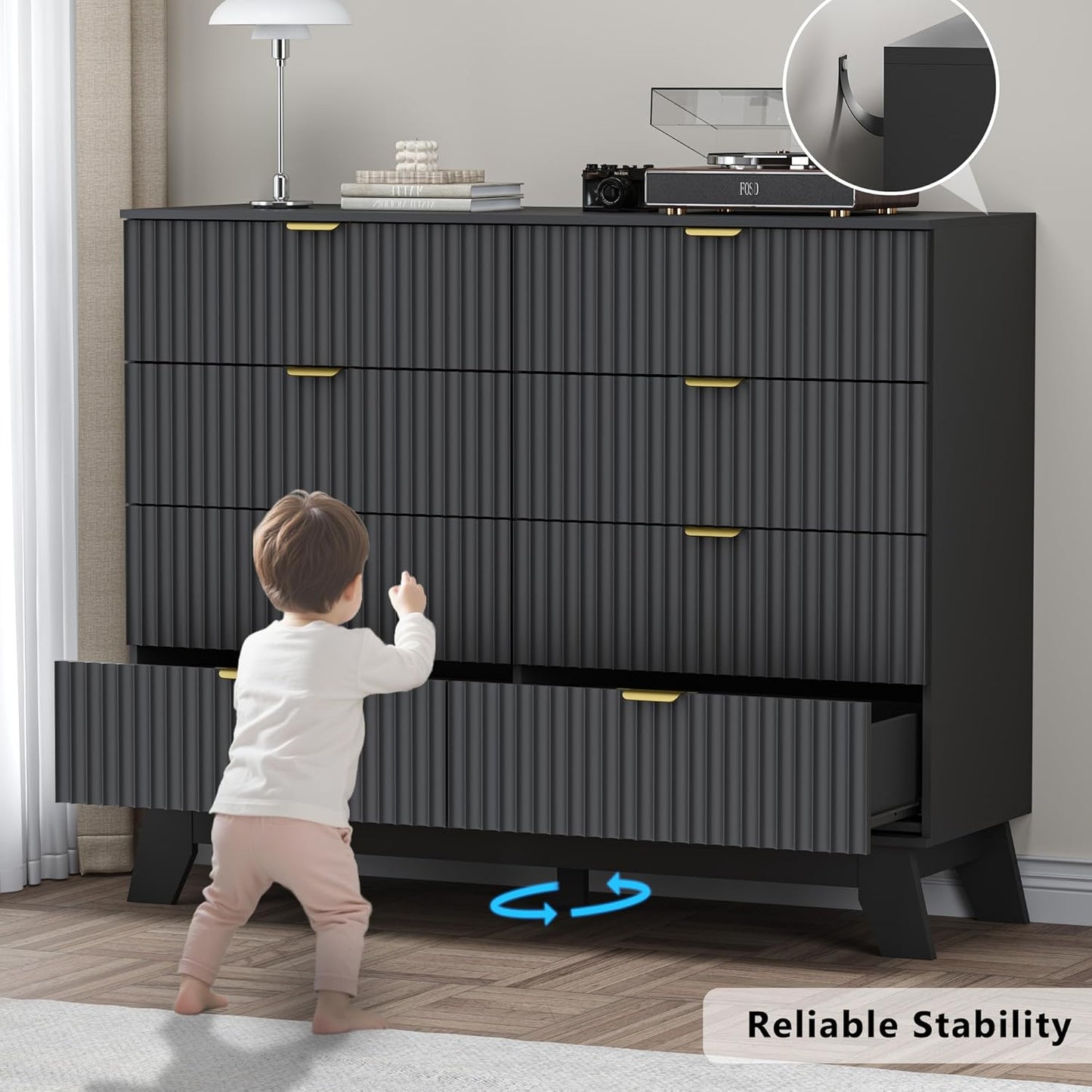 Fluted 8 Drawer Tall Dresser, 47.2" Wide Modern Boho Chest of Drawers, Wooden Storage Dresser TV Stand for Bedroom, Living Room, Closet, Hallway, Curved Profile Design