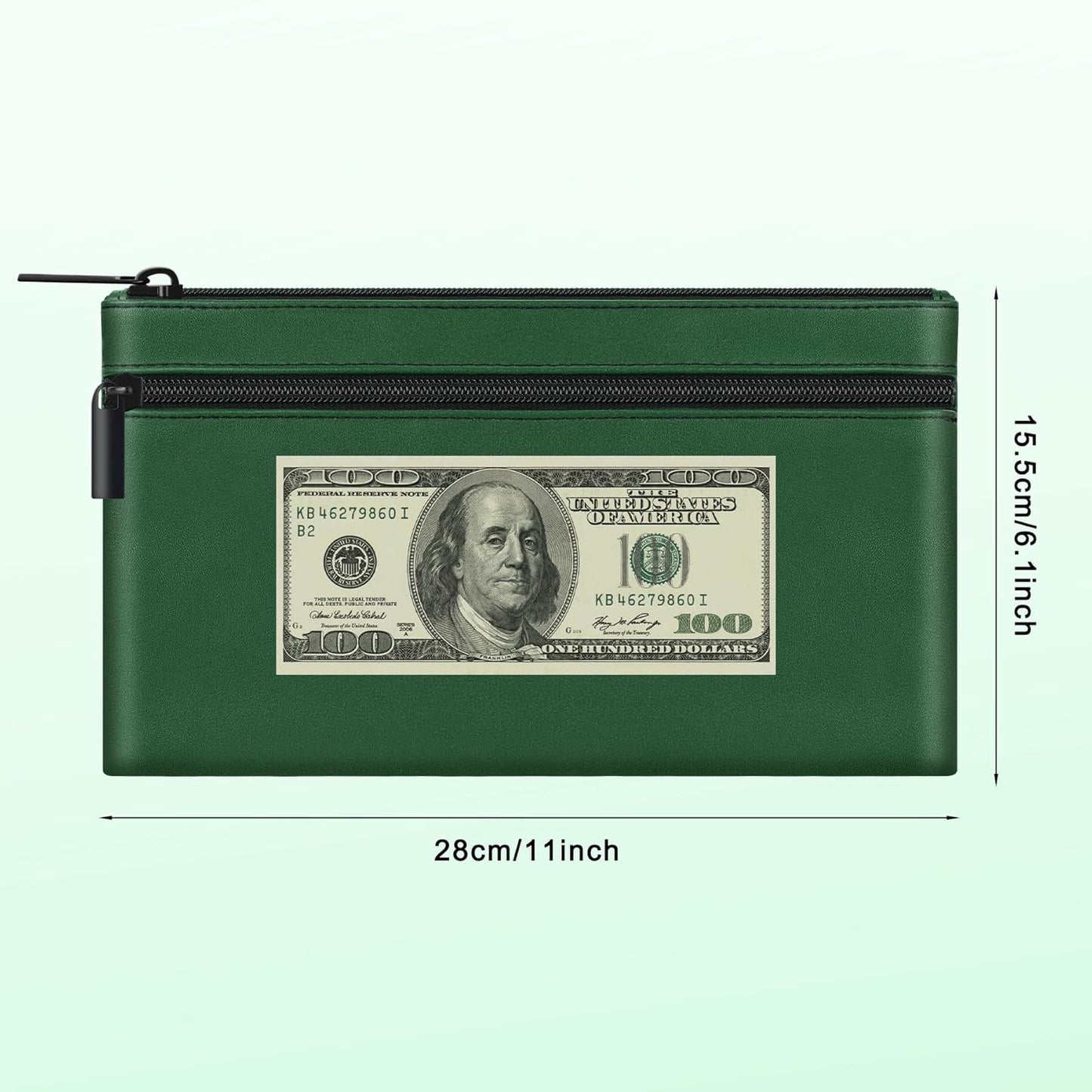 HAUTOCO 2 Pack Money Bag with Zipper 11x6.1 inch Money Pouch with Lined PU Leather Bank Bag Two Pockets Utility Wallet for Cash Check Receipt Coins Cosmetics, Deep Green