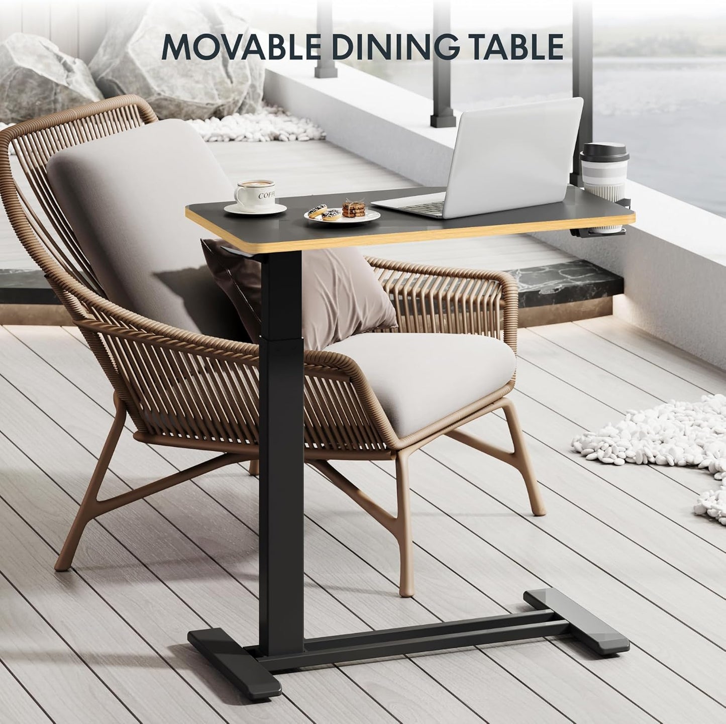 FLEXISPOT Mobile Standing Desk with Wheels Pneumatic Laptop Desk Rolling Computer Cart Movable Height Adjustable Small Sit Stand Desk Computer Workstations Home Use（27.6" W x 15.7" D, Black+Maple