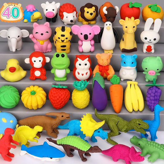 Arscniek 40 Pack 3D Puzzle Animal & Food Erasers for Kids, Take Apart Mini Pencil Erasers, Bulk Party Favors, Classroom Prizes, Treasure Box & Stocking Stuffers