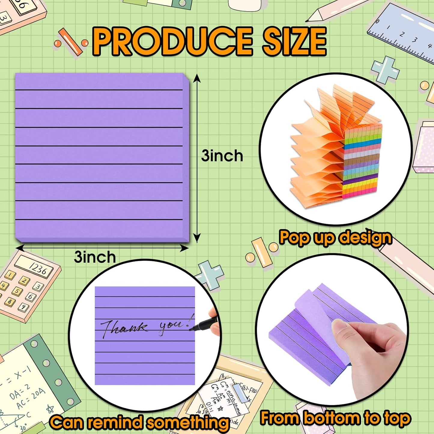 14 Pads Pop Up Sticky Notes,1400 Sheet Lined Sticky Notes 3x3 Inch,Self-Stick Notes Pads with Lines,Bright Multi Colors Easy Post Notes Pop up Refill for Office Study School Daily Life,100 Sheets/Pad