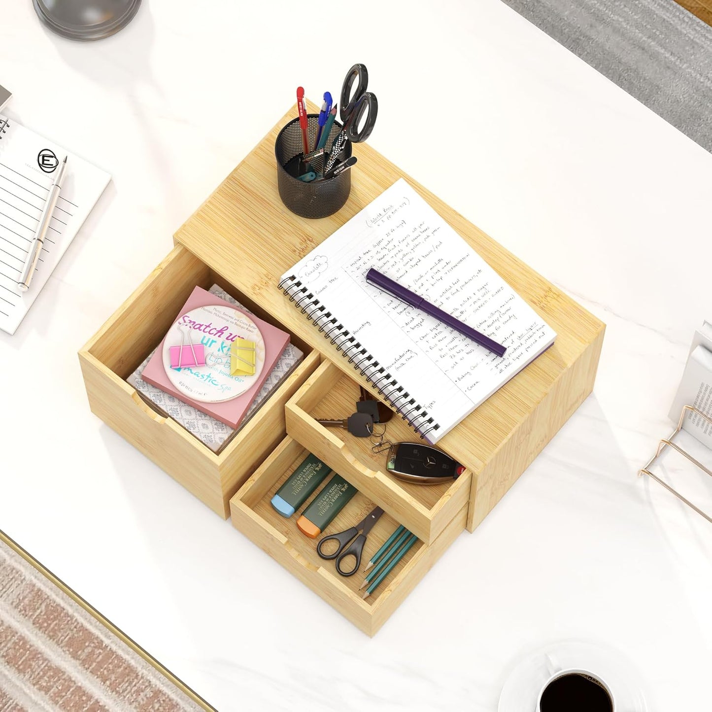 Bamboo Desk Organizer with Drawers - Small Desktop Countertop Mini Tabletop Storage Container - No Assembly Required