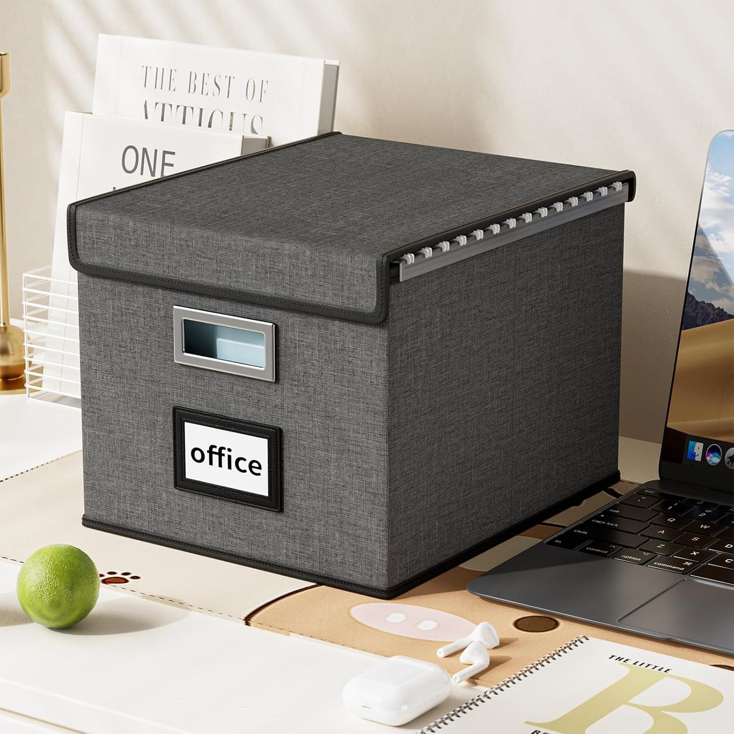 Collapsible File Storage Organizer Boxes with Lids, Linen Office Document Storage Box, Filing Box, Decorative Small File Box for Hanging File, Single File Box with Plastic Slide for Office/Decor/Home