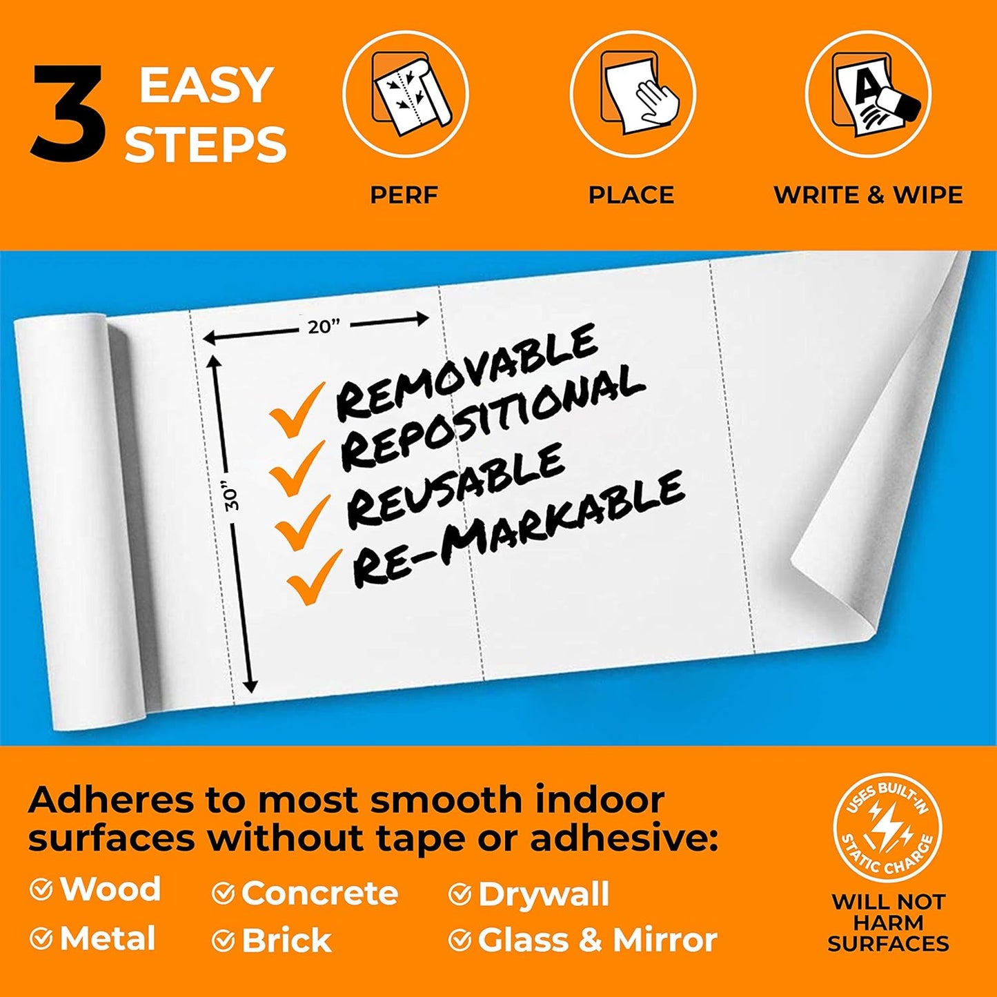 Clingers Dry Erase Cling-rite Roll Basic - Removable, Recyclable Whiteboard, 50' ft Roll, 20x30 Inch Sheets for School, Home, Office Decor, and Art Projects & Dry Erase Marker - American Made