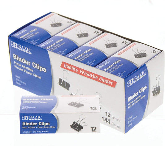 BAZIC Binder Clips Small Black 3/4" (19mm), Paper Clamps Paper Clip, Paperclips for Office School Supplies Home Kitchen Storage (12/Pack), 12-Packs