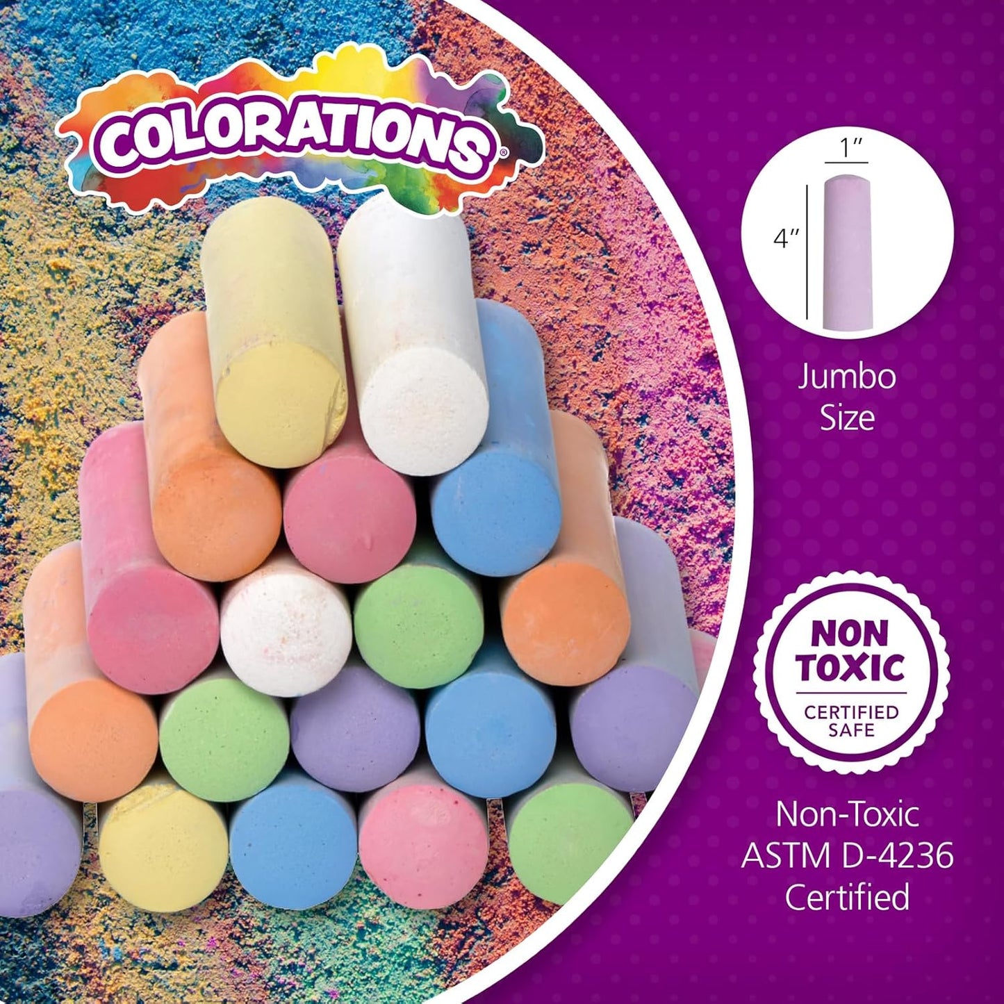 Colorations Sidewalk Chalk – 50pc 4” x 1” Washable, Bright Colored Chalk Set – Fun Kid Art Colors & Patterns – Draw on Classroom Chalkboard or Outdoor Playground – Jumbo Bulk