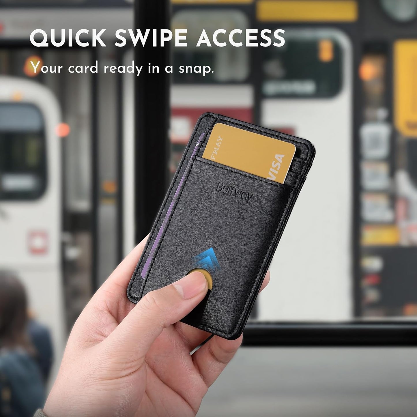 Buffway Slim Minimalist Front Pocket RFID Blocking Leather Wallets for Men and Women - Slate Black