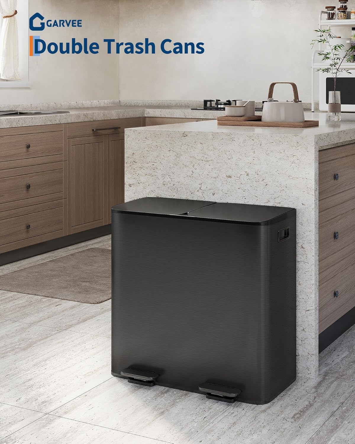 GarveeHome 2 x 10.6 Gallon Stainless Steel Double Trash Can with Lid for Kitchen, Large Dual Trash and Recycle Bin Combo, Step-on Kitchen Metal Garbage Cans, PP Inner Buckets, Liner Rim, Matte Black