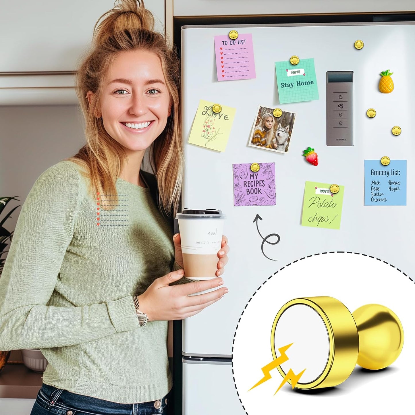 FINDMAG 28 PCS Refrigerator Magnets, Strong Whiteboard Magnets, Gold Magnetic Push Pins for Fridge, Whiteboard, Office, Classroom, Map, Kitchen