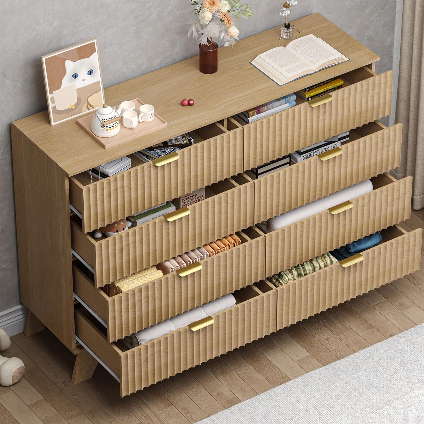 Fluted 9 Drawer Dresser, 57.1" Wide Modern Boho Chest of Drawers, Wooden Storage Dresser TV Stand for Bedroom, Living Room, Closet, Hallway, Curved Profile Design