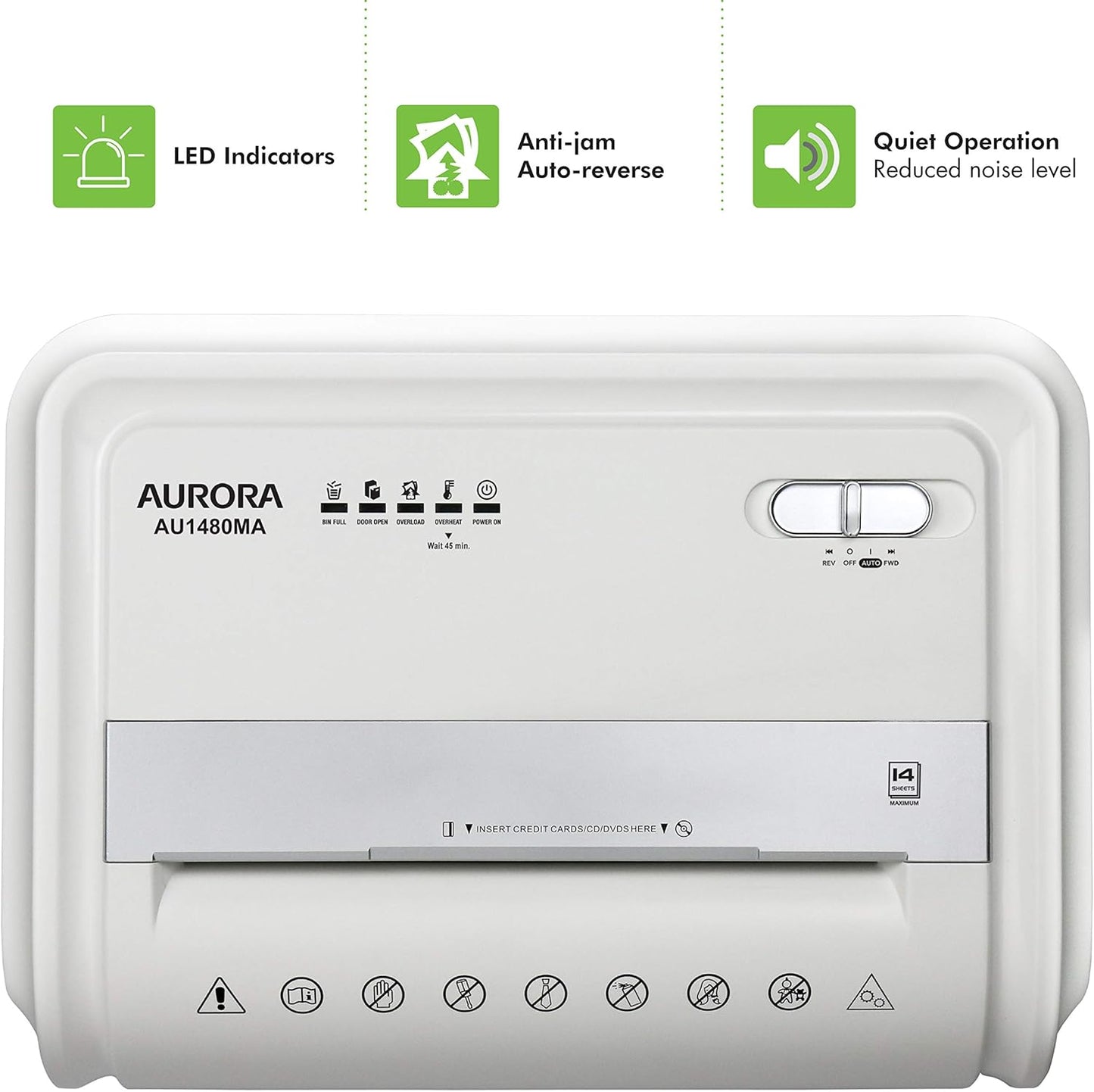 Aurora AU1480MA Professional Grade 14-Sheet Micro-Cut Paper and CD/Credit Card Shredder/ 30 Minutes Continuous Run Time, White/Gray