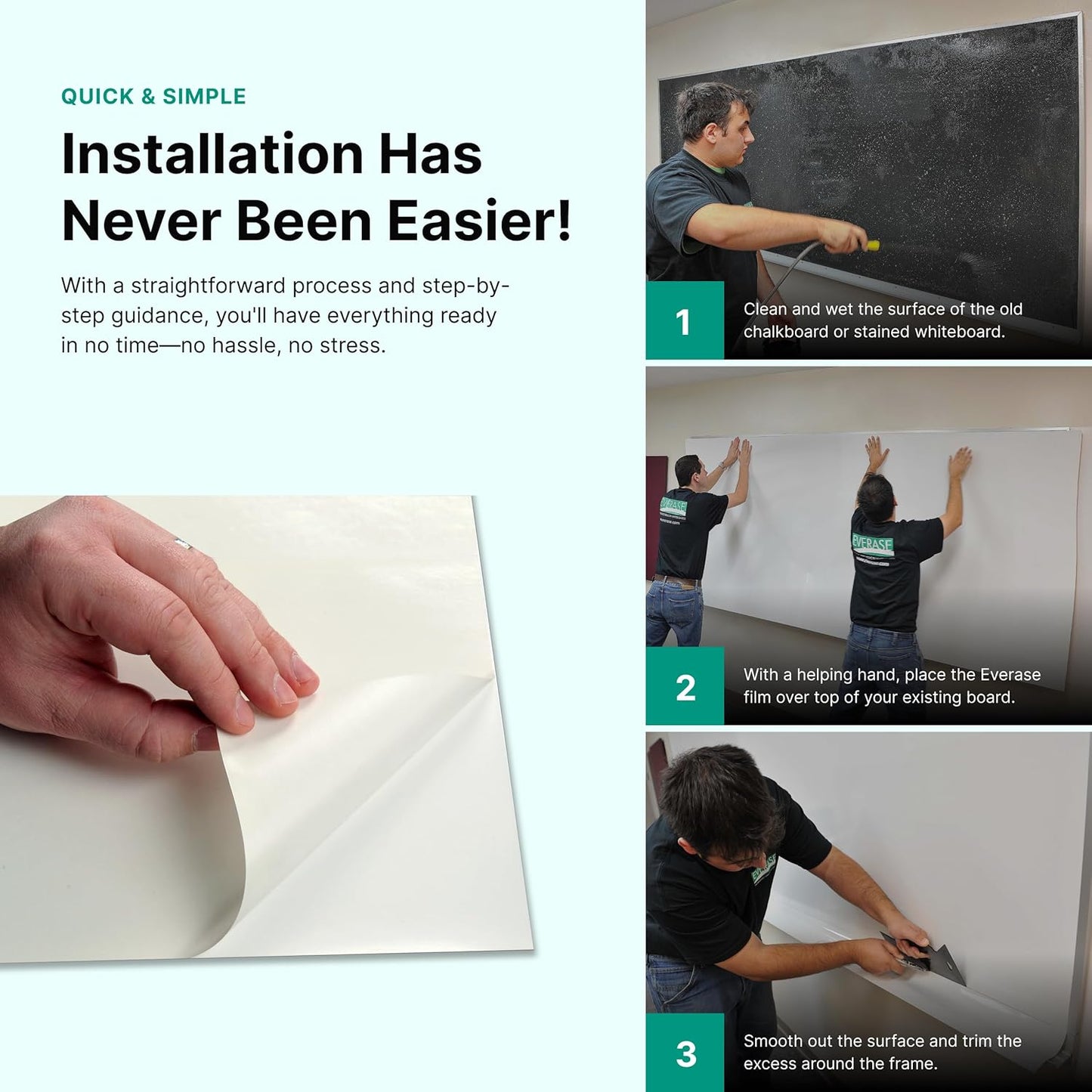 Everase Dry Erase Whiteboard Resurfacing Film Roll (56 ft. x 50") – Peel & Stick, Converts Chalkboards & Stained Whiteboards, Durable, Scratch/Stain-Resistant, Eco-Friendly, Refinish in 30 Mins.