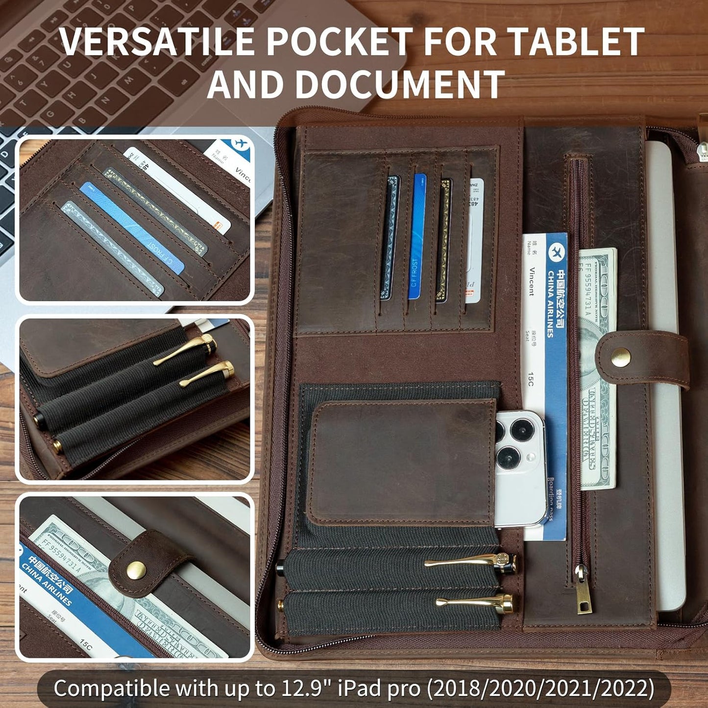 Handmade Vintage Crazy Horse Leather Portfolio Letter (A4) Size Notepad,Business Organizer Padfolio with Handle, for iPad Pro/Microsoft Surface Pro/13 inch Tablet (Custom,Dark Khaki)