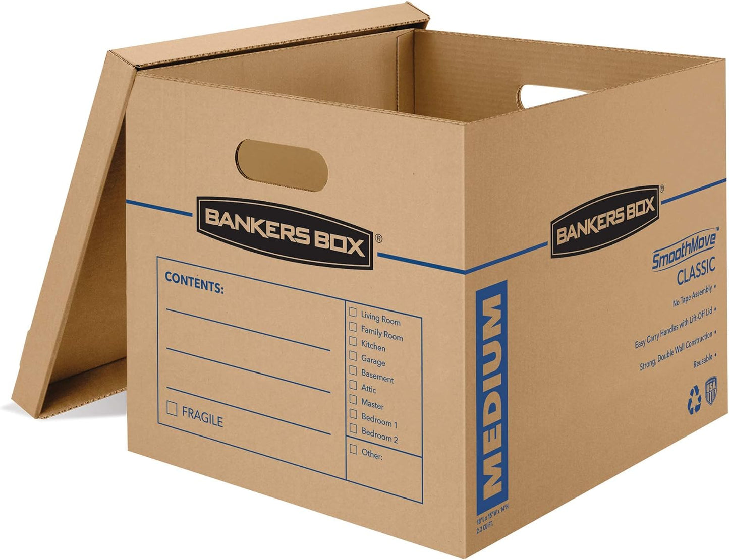 Bankers Box Medium Classic Moving Box 20 Pack, Reinforced Handles, Tape-Free Assembly, Box with Lid, 19-in x 14.5-in x 15.5-in (8817202)