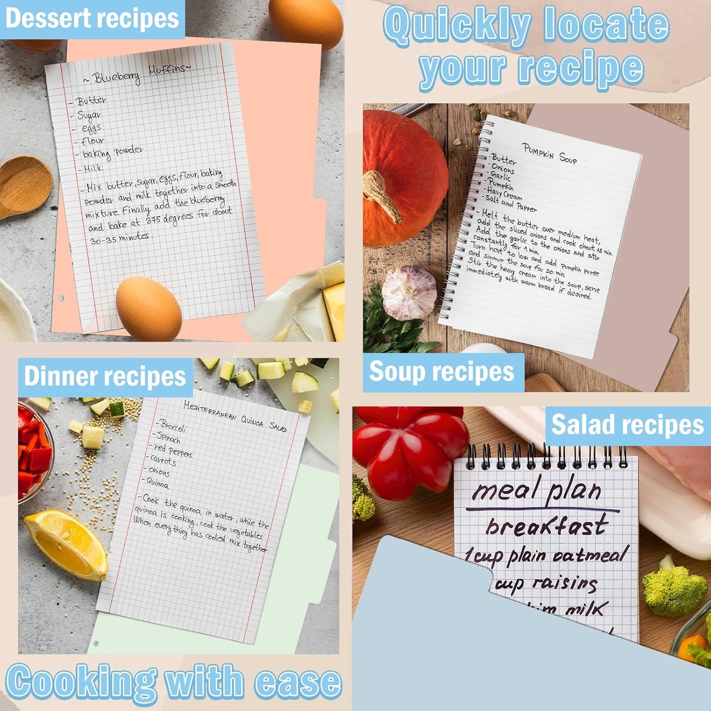 12 Sheet Recipe Dividers for 3 Ring Binder with 4 Tabs 9 3/4”×11” Paper Recipe Binder Dividers Blank Recipe Organizer Personalized Family Recipe Binder for Kitchen (Morandi)