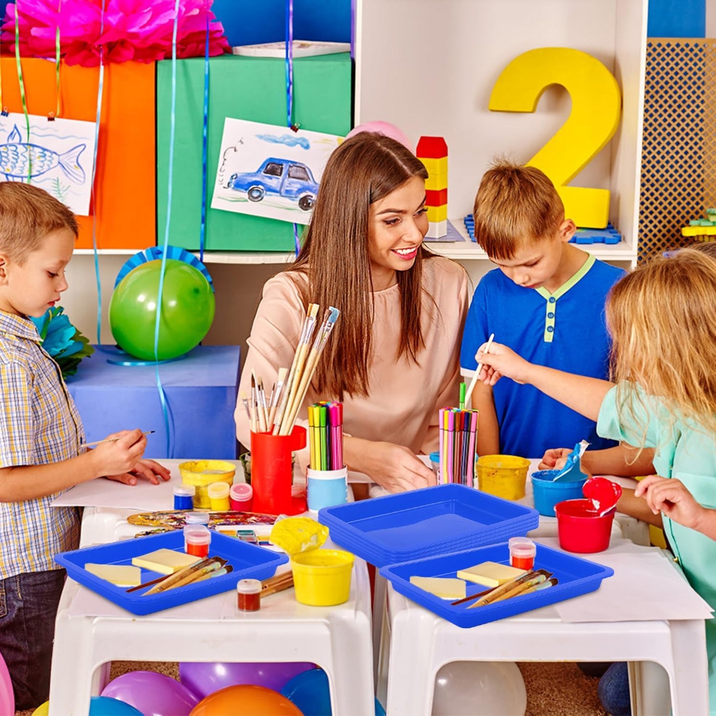 24 Pack Art Trays - Stackable Craft Trays for Kids' DIY Projects & Painting - Shallow Storage Organizer (Blue, 9.45 x 7.1 x 0.98 Inch)